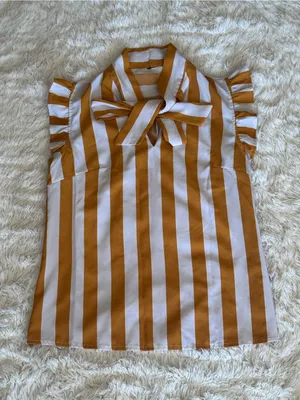 Striped Tie-Neck Sleeveless Top in Mustard and White (XS) thumbnail 1