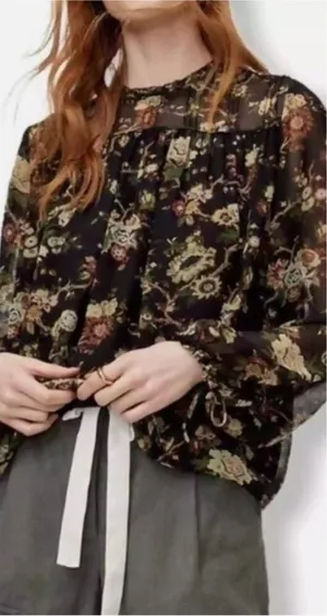 Aritzia Wilfred Long Sleeve Floral Print Chiffon‎ Blouse Black Green Size Medium thumbnail 1