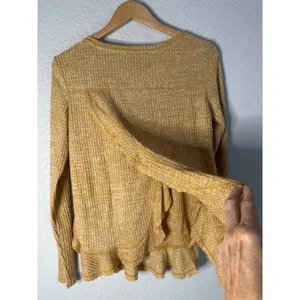 Anthropologie Saturday Sunday Waffle Knit Top Thermal Ruffle Split Back Fall thumbnail 3