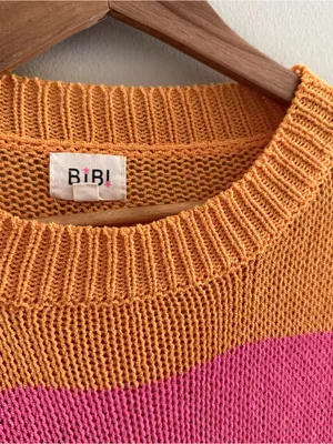 Bibi Orange & Pink Striped Knit Short Sleeve Sweater Medium thumbnail 3
