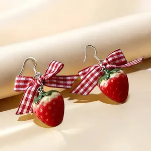Strawberry Earrings with Red Gingham Bows thumbnail 6