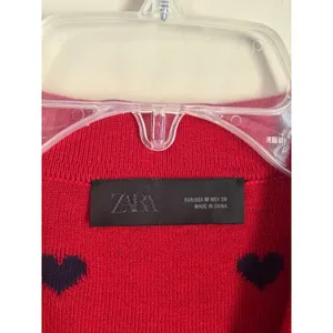 Zara Heart Print Cardigan Sweater Women M Navy Blue Red Polo Polka Dots JACQUARD thumbnail 5