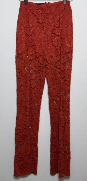 Bebe Women Embroidered Pants 2 Rust Orange‎ Floral Lace High Rise Flare Leg thumbnail 1
