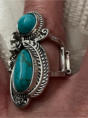 Womens Finger Ring Faux Turquoise Stones Silver Tone Metal Elastic Back Western thumbnail 4