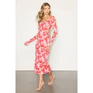 Lulus Dasia Pink and Red Abstract Print Mesh Cutout Midi Dress Large NWT thumbnail 4