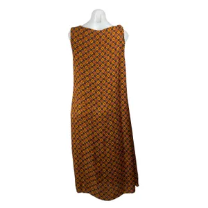 Women's Brown 100% Silk Geometric Sleeveless Bateau Neck A Line Midi Dress 12 thumbnail 4