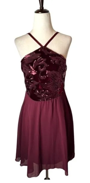 Lulus Dress Women Medium Burgundy Time of Love Sequin Halter‎ Skater Mini Prom thumbnail 1