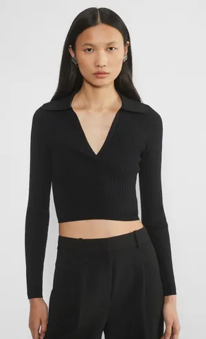 Babaton Women Sculpt Knit Polo Long Sleeve‎ Top XS Black Ribbed V-Neck Crop thumbnail 1