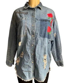 H&M Denim Shirt Women’s Oversized Grunge Y2K Distressed Rose Graphic Jean Top thumbnail 1