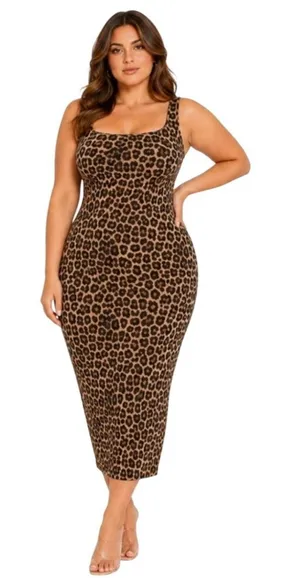Naked Wardrobe Leopard Midi Sculpt Dress Shapewear Plus Size 1x Brown thumbnail 1