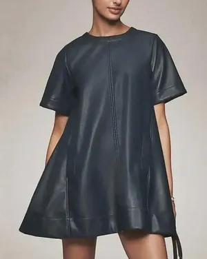 Maeve Emmy Navy Faux Leather A Line Mini Swing Dress XS NWT thumbnail 1