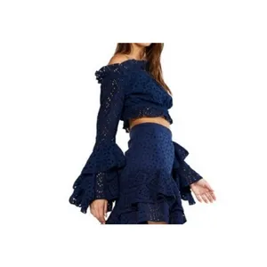 Misa Los Angeles Womens Off The Shoulder Eyelet Ruffle Cropped‎ Top Blue XL NWT thumbnail 3