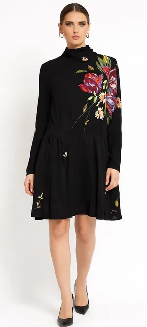 FREE PEOPLE Boho Chic Long Sleeve Black Floral MIni Dress Sz Medium NWT thumbnail 1