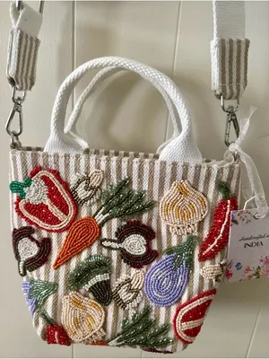 New Release! Beaded Striped “Vegetable" Tote Bag with Adjustable Detachable Strap White thumbnail 4