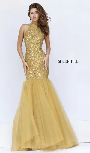 Sherri Hill 11323 Gold Beaded Halter Mermaid Gown Size 2 NWT‎ thumbnail 1