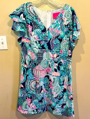 Lilly Pulitzer Print Kathie Midi Dress size 12 Ruffle Flounce Sleeves thumbnail 1