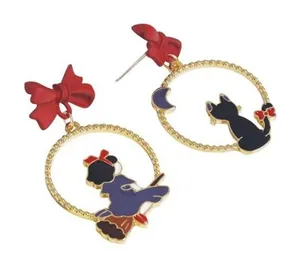 Kiki's Delivery Service Earrings Jiji Cat Anime Studio Ghibli Red Bow Gold‎ Hoop thumbnail 1
