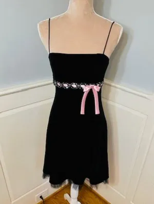 Betsy & Adam Vintage Black Velvet Mini Dress Pink Bow 6 XS thumbnail 1