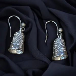 Silver tone sewing thimble dangle earrings thumbnail 1