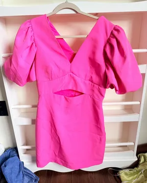 Endless Rose Hot Pink Puff Sleeve Cutout V-Neck Mini Dress Medium thumbnail 1