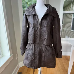 Vintage GIII Brown Genuine Leather Jacket Hooded Anorak Trench Coat Sz Small thumbnail 4
