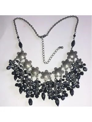 Gunmetal Gray Dark Black Metal Floral Beaded Boho Statement Necklace thumbnail 6