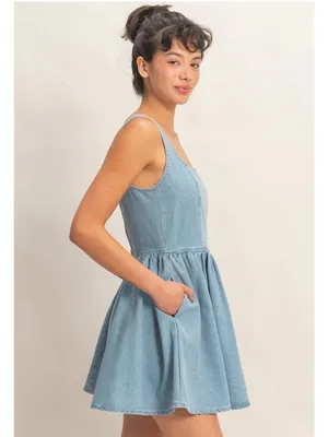 NEW Double Zero Scoop Neck Denim Mini Dress Large 100% Cotton Size L thumbnail 2