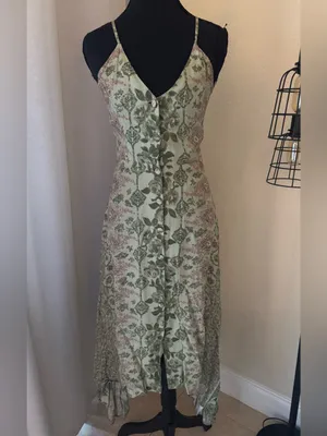 Reformation Green Floral Midi Dress Handkerchief Hem Button Front Size 2 thumbnail 2