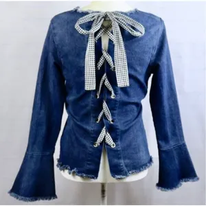 Womens Anthropologie Moelleux Raw Hem Denim Jean Back Lace Up Top - Sz XS thumbnail 3