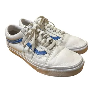 Vans Old Skool Leather White Blue Stripe Low Top Sneakers Womens 9 Mens 7.5 EU40 thumbnail 2