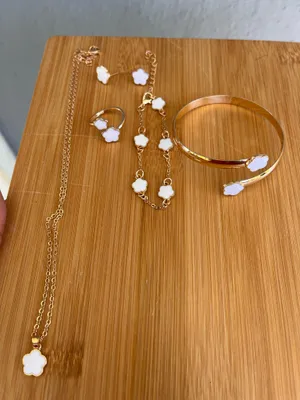 Gold & White Clover Floral Jewelry Set - Necklace, Bracelet, Ring, Earrings thumbnail 1