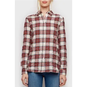 Jenni Kayne‎ Sequoia Plaid Cotton Button Down Shirt Red Cream S thumbnail 3