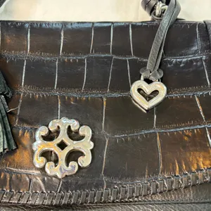 Brighton black leather handbag. 2 pockets with charm, tassel, woven handle thumbnail 3