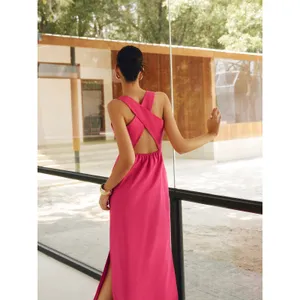 Commense Minimalist Elegance Linen Cotton Crisscross Long Dress Fuchsia Medium thumbnail 3