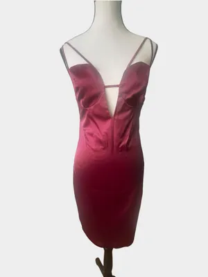 Miss Circle Burgundy Wine Satin Plunge Cutout Bodycon Midi Dress Small thumbnail 7
