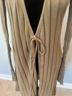 Urban Outfitters Tie-Front Long Ribbed Cardigan in olive thumbnail 3