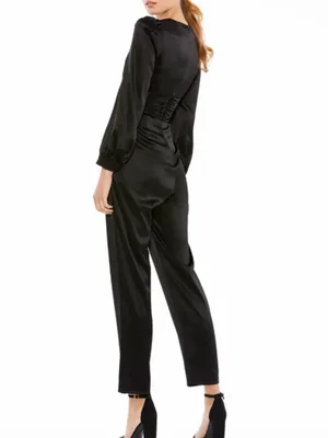 Mac Duggal 2647 black v- Neck satin Jumpsuit long sleeve formal evening wear thumbnail 3