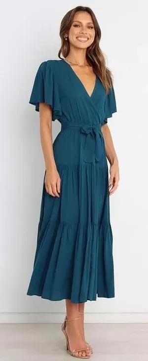 Petal +‎ Pup Barker Teal Blue Tiered Flutter Sleeve Wrap Maxi Dress Womens Small thumbnail 1