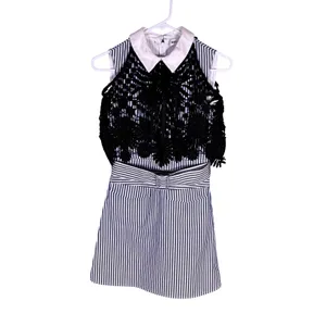 Self-Portrait Blue White Striped Lace Overlay‎ Collared Mini Dress Belted size 0 thumbnail 2