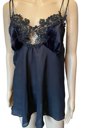 Je T’adore Vintage 90s Black Beaded Sequin Velvet Glam Sheer Lingerie Slip Top thumbnail 1