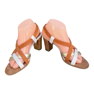 Aerosoles White Gold Tan Leather Strappy Slingback 3" Heel Sandals Size 8 Boho thumbnail 2