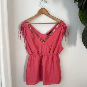 The Limited 100% Silk Coral Pink + Gold Beaded Layered Ruffle Blouson Tank Top thumbnail 2