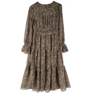 Love Riche Chiffon Olive Paisley Ruffle Long Sleeve Peasant Tiered Maxi‎ Dress M thumbnail 2