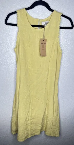 Thread + Supply Dress Womens Small Yellow Linen Sleeveless Shift Fringe Pockets thumbnail 1