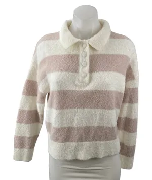 Nikka K Women's Stripe Collared Long Sleeve Button Polo Sweatshirt Sweater Top M thumbnail 1