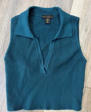 House Of Harlow 1960 Knit Polo Tank Medium Teal Ribbed Sleeveless thumbnail 1