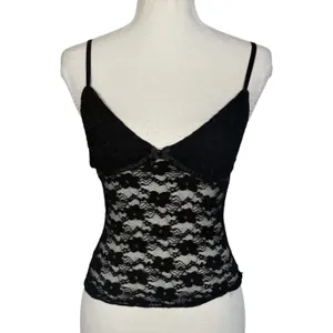 Black Lace Cami Womens XS Floral Sheer Mesh Bow V-Neck Adjustable Y2K Goth Top thumbnail 6