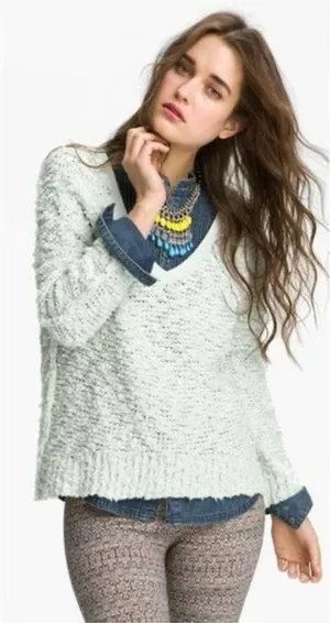 Free People Songbird Shaggy Knit Pullover Sweater Chunky Oversize Medium Seafoam thumbnail 1