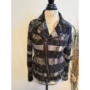 Free People Women 6 Plaid‎ Moto Jacket Black Brown Speckled Asymmetric Zip Knit thumbnail 2