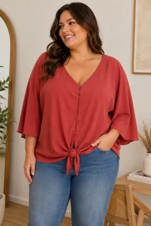 Plus Size V-Neck Tie-Front Blouse in Terracotta thumbnail 1